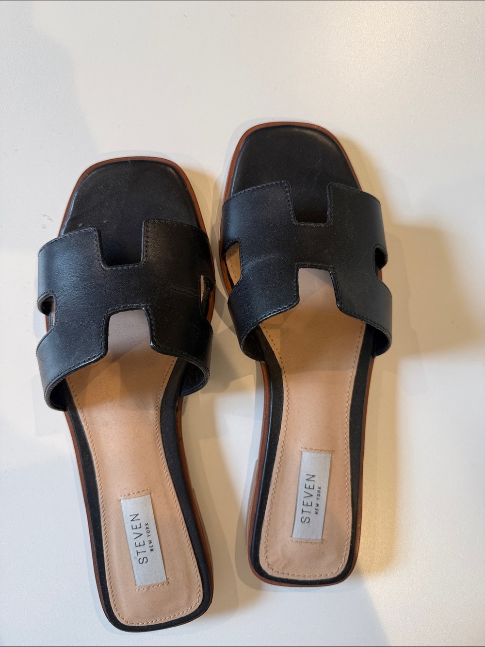 Steven NY Black Leather H‑Strap Slide Sandals